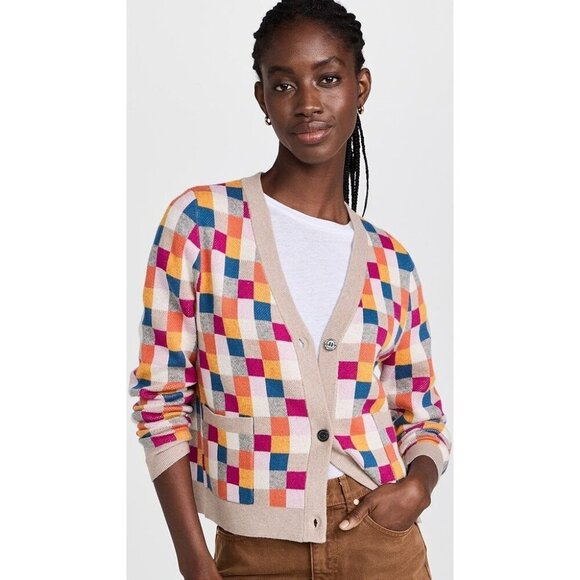 New KULE Capucine Cardigan Sweater Multicolor Check Size M Cahsmere Blend - Picture 1 of 7